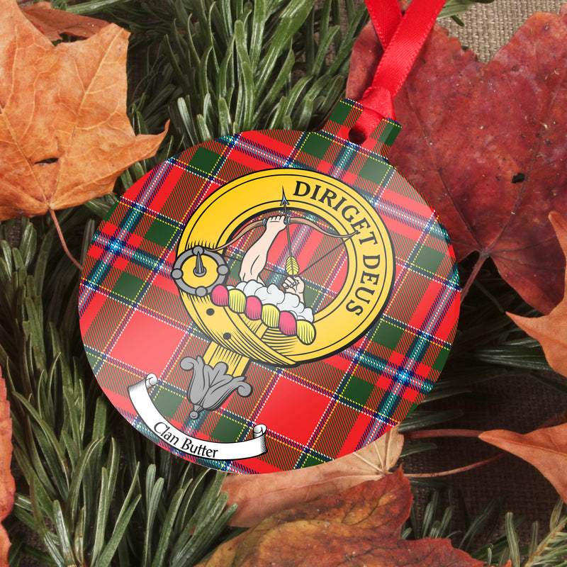 Butter Clan Crest and Tartan Metal Christmas Ornament - 6 Styles Available