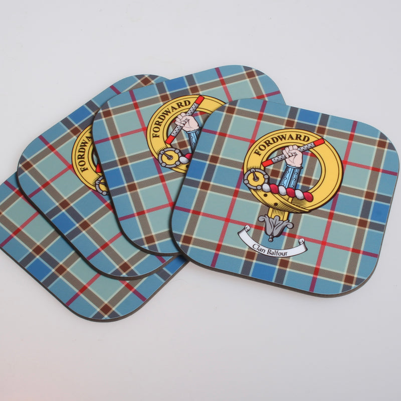 Balfour Clan Crest and Tartan Wooden Coaster 4 Pack