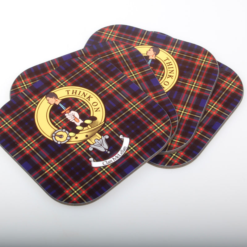MacLellan Clan Crest and Tartan Wooden Coaster 4 Pack