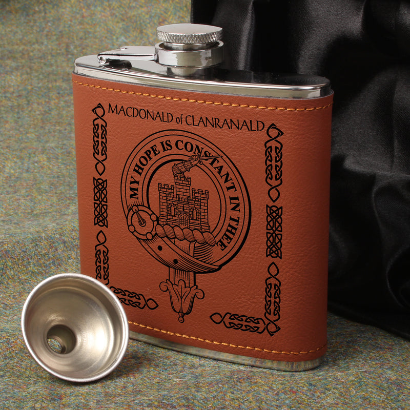 MacDonald of Clanranald Clan Crest PU Leather Covered Hip Flask