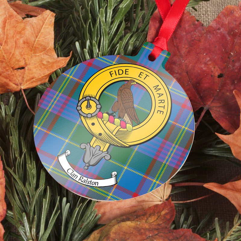 Ralston Clan Crest and Tartan Metal Christmas Ornament - 6 Styles Available