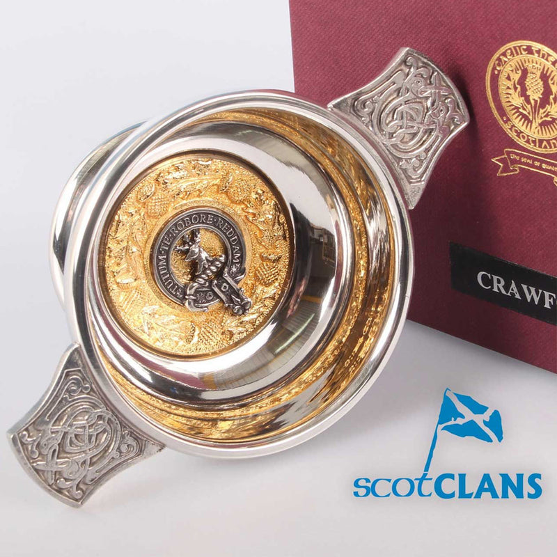 Crawford Clan Crest Quaich with Gold Trim