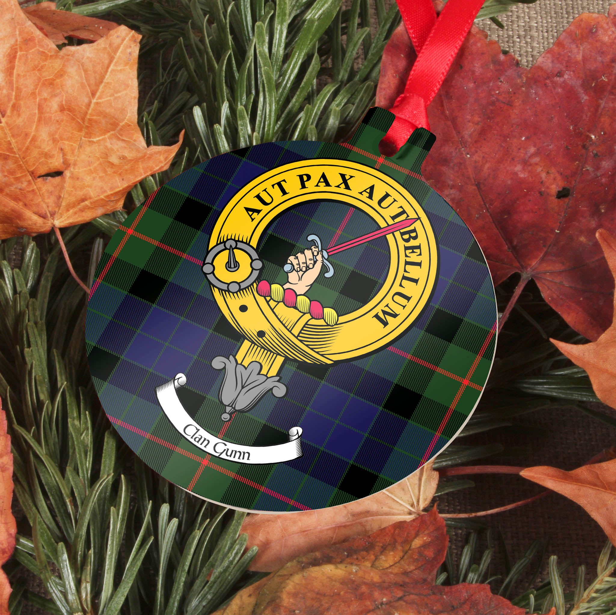Gunn Weathered Tartan Crest Christmas Ceramic Ornament