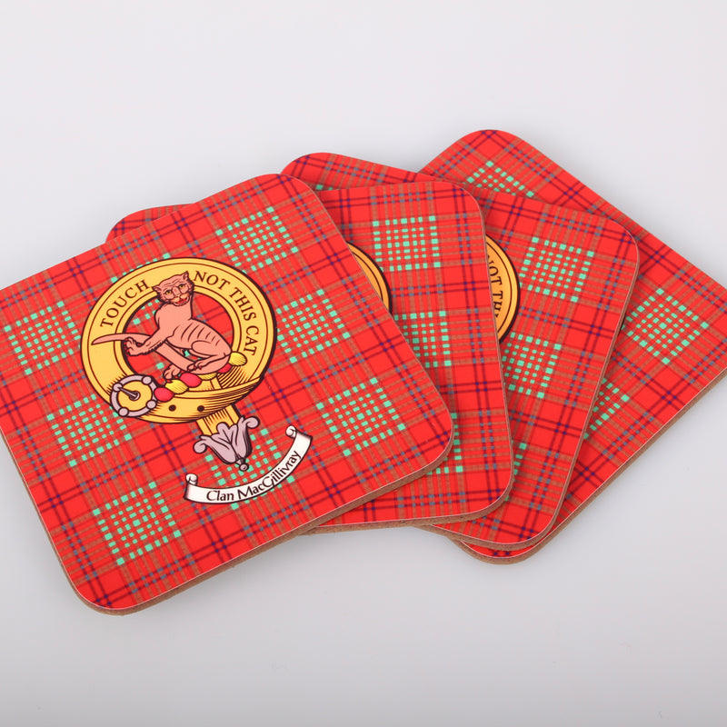 MacGillivray Clan Crest and Tartan Wooden Coaster 4 Pack
