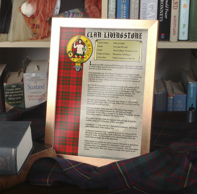 Livingstone Clan History Print - Choose Framed or Unframed.