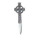 Celtic Cross Kilt Pin handmade in Scotland from lead-free pewter, measuring approximately 85mm by 28mm.