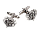 Close-up of Traditional Thistle Cufflinks in Copper or Pewter highlighting intricate craftsmanship.