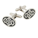 Oval Celtic Cufflinks in polished pewter, elegantly presented in a black Sgian Dubh Co box.