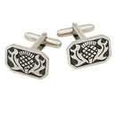 Rectangle Thistle Cufflinks in polished pewter, presented in a sleek Sgian Dubh Co black box.
