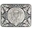 Scotland Enamel Belt Buckle featuring a Thistle and Celtic Border design in polished pewter, perfect for enhancing your outfit.