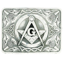 Masonic Belt Buckle featuring a Thistle and Celtic Border, crafted in polished pewter by The Sgian Dubh Co, presented in a stylish black box.