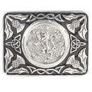 Lion Rampant Enamel Belt Buckle featuring a Thistle and Celtic Border design in polished pewter, presented in a Sgian Dubh Co black presentation box.