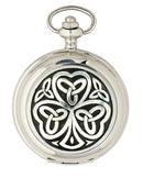 Shamrock Mechanical Pocket Watch displayed in black presentation box with chain, perfect for enhancing any kilt or dress outfit.