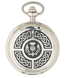Silver pocket watch with Celtic knot design on a white background