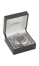 Elegant Celtic & Thistle Mechanical Pocket Watch with full hunter style, featuring both sides opening, presented in a sleek black box.