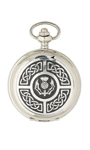 Celtic & Thistle Quartz Pocket Watch displayed elegantly in black presentation box with chain.