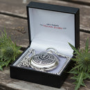 Silver pocket watch with chain in a black box, featuring 'The Sohan Dubai' branding.