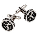 Stylish cufflinks from the Lion Rampant Kilt Pin & Cufflink Set, elegantly presented in a black Sgian Dubh Co box.