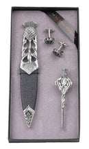 Ryan 3 Piece Gift Set featuring polished pewter with colored stone top in elegant presentation box.