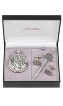 Celtic 3 Piece Mechanical Pocket Watch Gift Set featuring an elegant pocket watch, kilt pin, and cufflinks, beautifully presented in a black Sgian Dubh Co box.