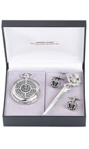 Celtic & Thistle 3 Piece Quartz Pocket Watch Gift Set featuring an elegant pocket watch, kilt pin, and cufflinks, perfect for enhancing any dress outfit.