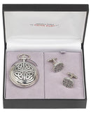 Celtic 2 Piece Mechanical Pocket Watch Gift Set showcasing the elegant pocket watch and cufflinks for a stylish kilt outfit.