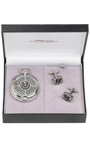 Celtic & Thistle 2 Piece Quartz Pocket Watch Gift Set showcasing the elegant pocket watch and cufflinks in a stylish presentation box.