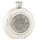 6oz Celtic Knot Pewter Flask designed by Sgian Dubh co, featuring an etched Celtic Knot design and packaged in a presentation box with a funnel.