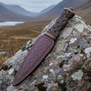 Celtic Daywear Sgian Dubh featuring a brown resin handle and real leather sheath, presented in a black Sgian Dubh Co box.