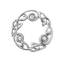 Triskele Brooch featuring a Celtic triskelion spiral design, embellished with crystals, handcrafted in Scotland, approximately 40mm in diameter.