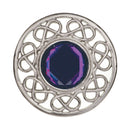Stroma Brooch made of high-quality pewter featuring a striking colored stone, showcasing intricate thistle and plaid patterns, perfect for adding a touch of elegance to any outfit.