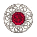 Stroma Brooch with intricate thistle and plaid pattern, showcasing high-quality pewter construction and a striking colored stone.