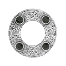 Dancers Celtic Plaid Brooch showcasing high-quality pewter construction and intricate thistle detailing.