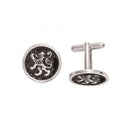 Elegant Lion Rampant Cufflinks in matte antique finish showcasing intricate black enamel details by Art Pewter.