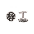 Celtic Saltire Cufflinks in a matte antique finish showcasing intricate design details and black enamel.