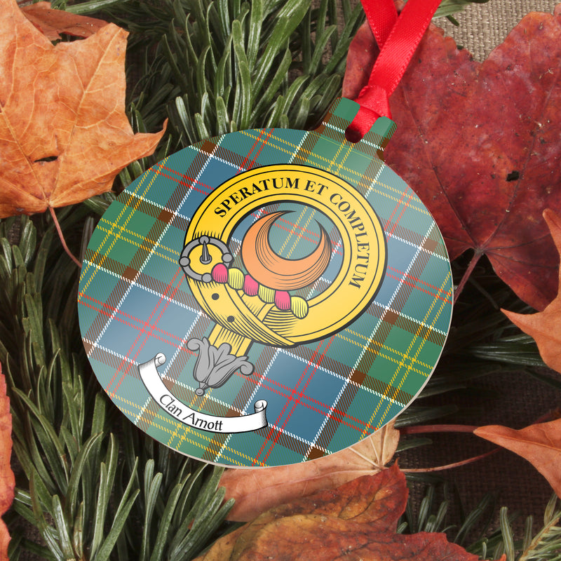Arnott Clan Crest and Tartan Metal Christmas Ornament - 6 Styles Available