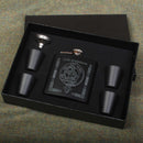 Bannerman Clan Crest engraved 6oz Matt Black Hip Flask Gift Set with Cups and Funnel, showcasing a stylish and durable design, perfect for carrying your favorite beverages.