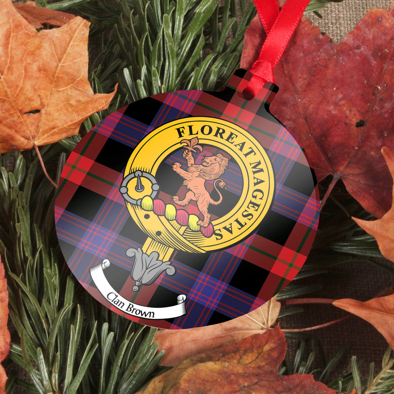 Browns Clan Crest and Tartan Metal Christmas Ornament - 6 Styles Available