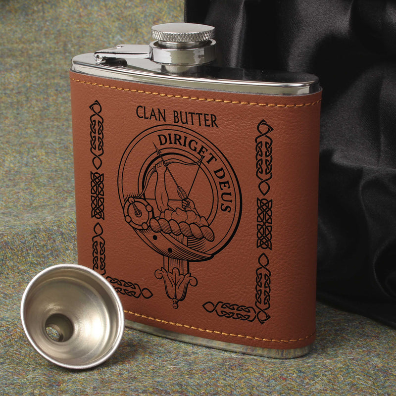 Butter Clan Crest PU Leather Covered Hip Flask
