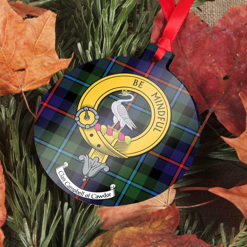 Campbell of Cawdor Clan Crest and Tartan Metal Christmas Ornament - 6 Styles Available