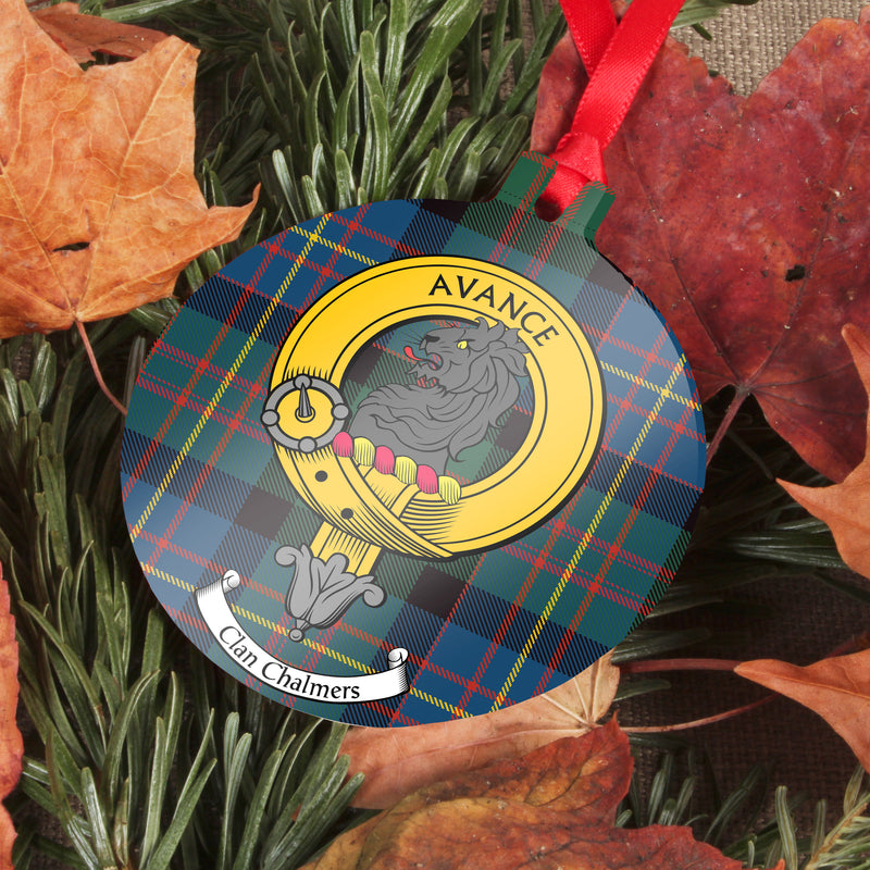 Chalmers Clan Crest and Tartan Metal Christmas Ornament - 6 Styles Available