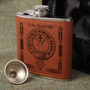 Crawford Clan Crest PU Leather Covered Hip Flask showcasing its sleek design and elegant PU leather cover.