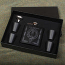 Henderson Clan Crest engraved 6oz Matt Black Hip Flask Gift Set with Cups and Funnel showcased in elegant black gift packaging, highlighting its stylish and durable design.