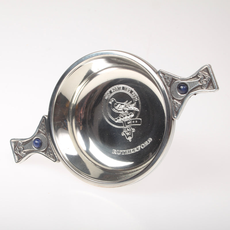 Rutherford Clan Crest Engraved Pewter Gem Handle Quaich
