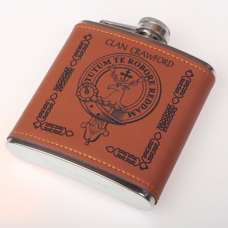 Crawford Clan Crest PU Leather Covered Hip Flask