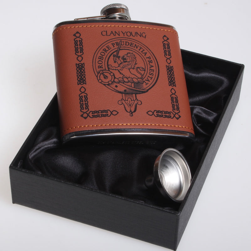 Young Clan Crest PU Leather Covered Hip Flask