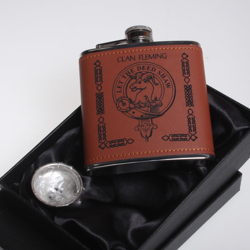 Fleming Clan Crest PU Leather Covered Hip Flask