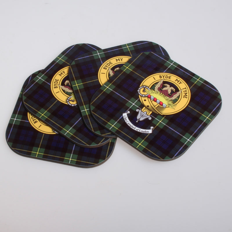 Campbell of Loudon Clan Crest and Tartan Wooden Coaster 4 Pack