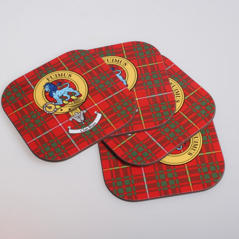 Bruce Clan Crest and Tartan Wooden Coaster 4 Pack