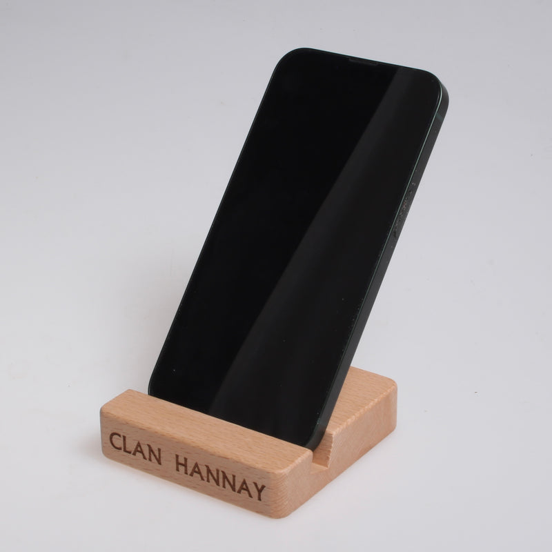 Wooden Cell Phone Stand with Engraved Clan Crest